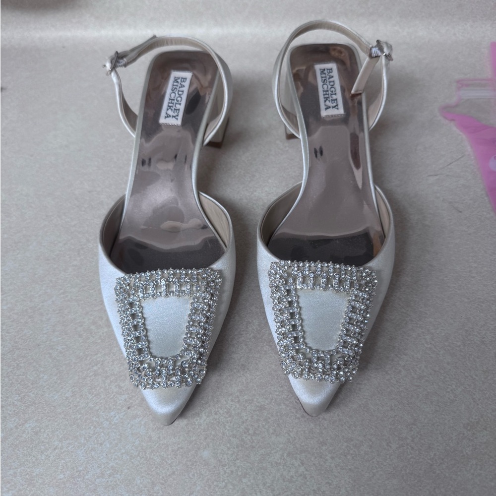 Badgley Mischka Ivory Satin Heels with Crystal Buckle